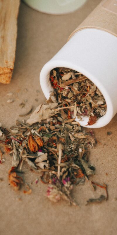A close-up of dried herbs spilling from a cardboard tube in a natural setting.