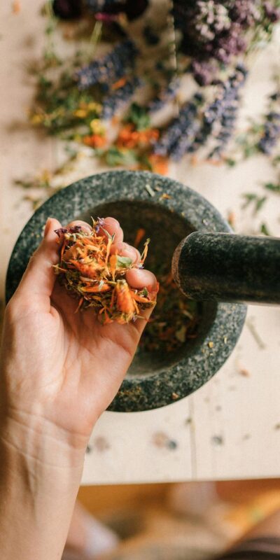 Hands using a stone mortar and pestle to crush vibrant dried herbs on a wooden table.